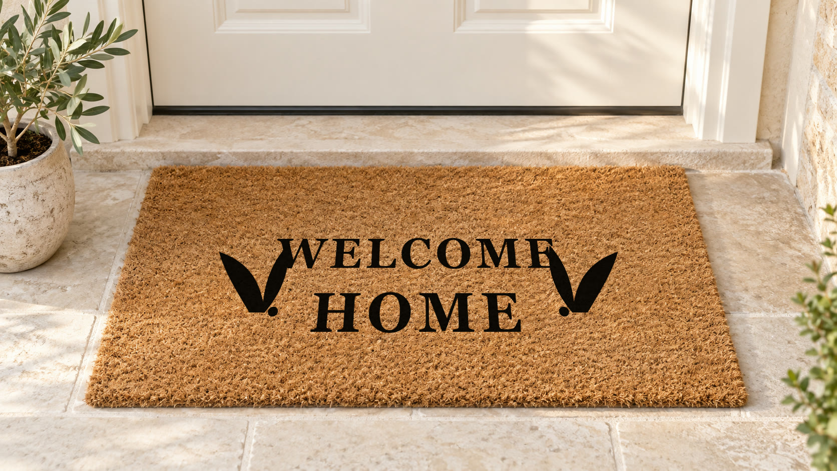 Welcome Home botanical artwork composited onto a coir doormat on a neutral doorstep
